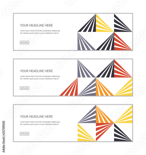 Web banner design template set consisting of abstract background patterns made with stripes forming triangles. Playful, modern vector art. Grey, orange, yellow and black colors on white background.
