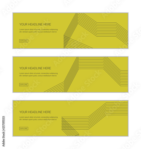 Web banner design template set consisting of abstract backgrounds made with repetitive thin lines in yellow color. Modern vector art.