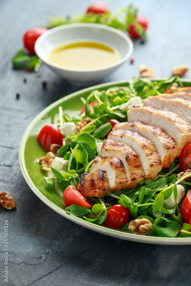 Fresh Grilled Chicken salad with tomatoes, feta cheese and vegetables