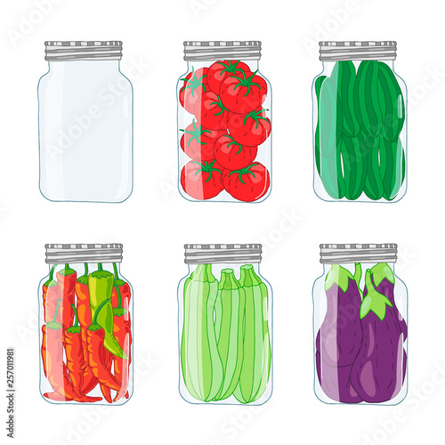 Canned vegetables. Set of  colored hand drawn vector icons.