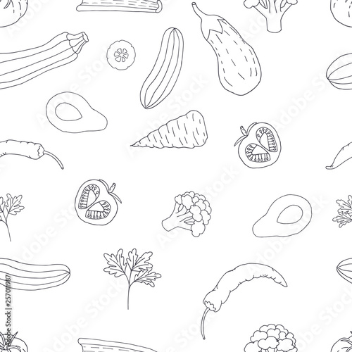 Sketch of vegetables on white bacground. Vector hand drawn seamless texture.