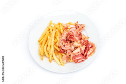 pile of french fries and bacon on white plate