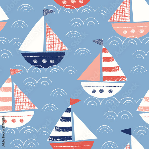 Whimsical Hand-Drawn with Crayons Ships in the Sea Vector Seamless Pattern. Cute Nautical Marine Background