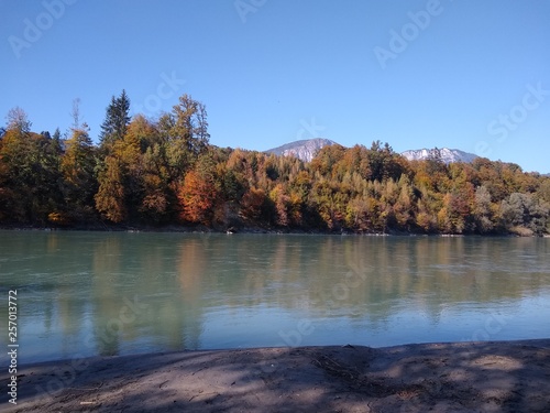 Herbstlicher Wald spiegelt sich im Fluss