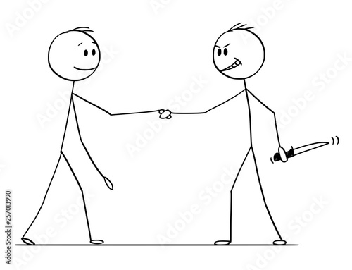 Cartoon stick figure drawing conceptual illustration of two men or businessmen or politicians handshaking, one of them with knife hidden in hand.