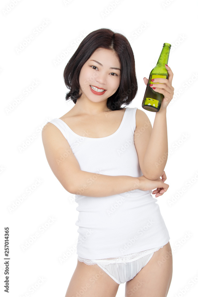 Chinese woman holding bottle of beer isolated on white background Chinese woman holding bottle of beer isolated on white background