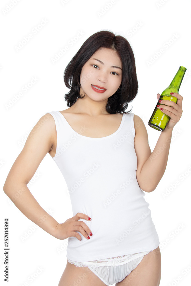 Chinese woman holding bottle of beer isolated on white background Chinese woman holding bottle of beer isolated on white background