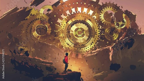 boy standing on a floating rock looking at golden gears, motion painting