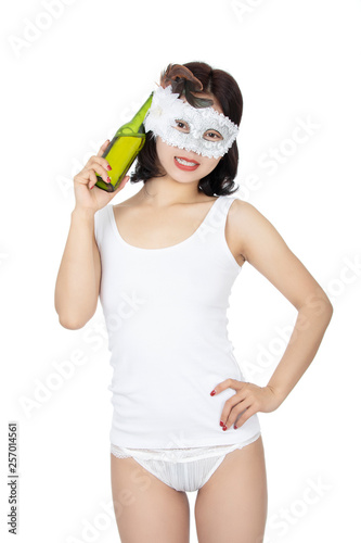 Chinese woman holding bottle of beer isolated on white background