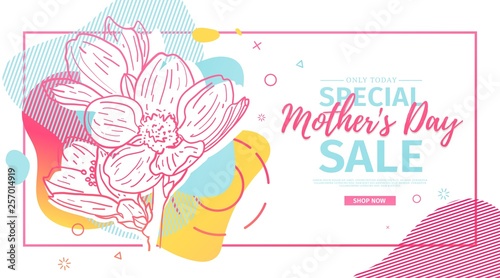 Modern Template design for Mom day banner. Promotion layout for mother's day offer with flower decoration. Line illustration  floral blossom with abstract geometric shape for sale. Vector.
