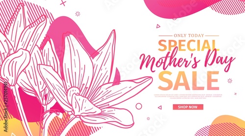 Modern Template design for Mom day banner. Promotion layout for mother's day offer with flower decoration. Line illustration  floral blossom with abstract geometric shape for sale. Vector.