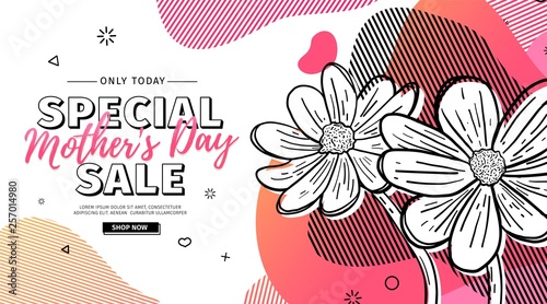 Modern Template design for Mom day banner. Promotion layout for mother's day offer with flower decoration. Line illustration  floral blossom with abstract geometric shape for sale. Vector.