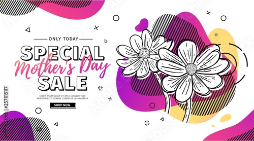 Modern Template design for Mom day banner. Promotion layout for mother's day offer with flower decoration. Line illustration  floral blossom with abstract geometric shape for sale. Vector.
