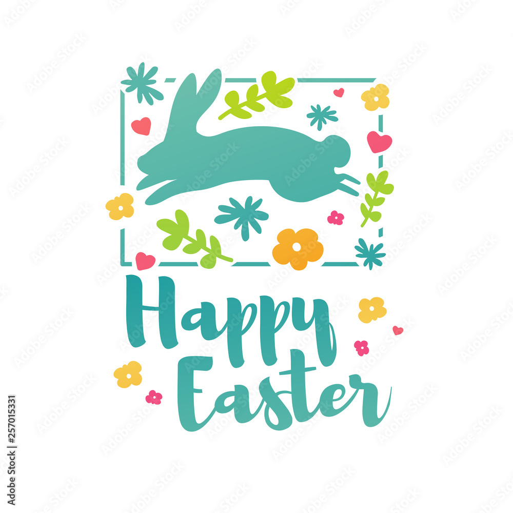 Fototapeta premium Design template banner for Happy Easter. Silhouettes of rabbit with simple floral, herb, plant decoration. Square card with logo for spring happy easter offer and sale. Vector