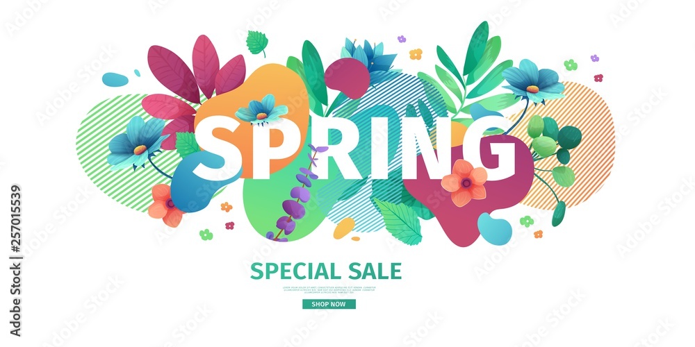 Template design banner for spring season sale. Promotion offer layout with plants, leaves and floral decoration.  Abstract shape with flowers frame. Vector