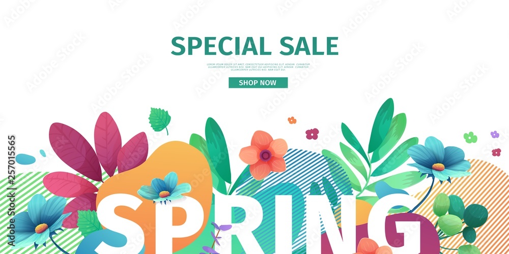 Template design banner for spring season sale. Promotion offer layout with plants, leaves and floral decoration.  Abstract shape with flowers frame. Vector