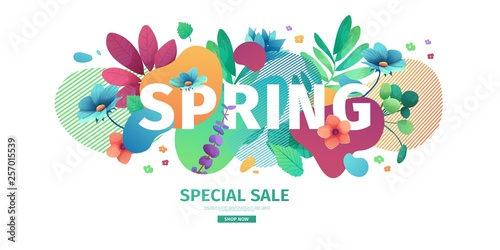 Template design banner for spring season sale. Promotion offer layout with plants, leaves and floral decoration. Abstract shape with flowers frame. Vector
