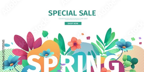 Template design banner for spring season sale. Promotion offer layout with plants, leaves and floral decoration.  Abstract shape with flowers frame. Vector photo