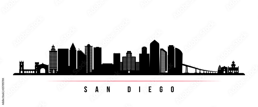 San Diego city skyline horizontal banner. Black and white silhouette of San Diego city, USA. Vector template for your design.