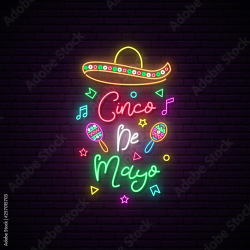 Cinco de Mayo neon signboard. Mexico greeting banner. Bright sombrero illustration.