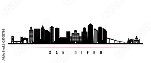 San Diego city skyline horizontal banner. Black and white silhouette of San Diego city, USA. Vector template for your design.