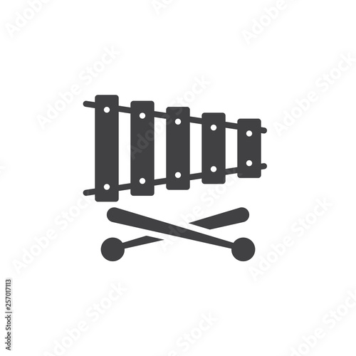Xylophone and sticks vector icon. filled flat sign for mobile concept and web design. Xylophone musical instrument glyph icon. Percussion instrument symbol, logo illustration. Pixel perfect