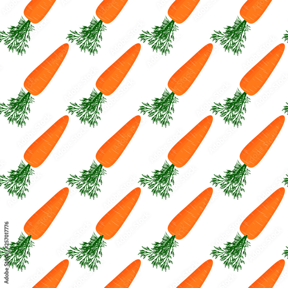 Seamless pattern with orange carrots on a white background. Static pattern with elements in one direction. Design for printing on fabric, clothing, wallpaper. Seamless pattern with orange carrots on a white background. Static pattern with elements in one direction. Design for printing on fabric, clothing, wallpaper.