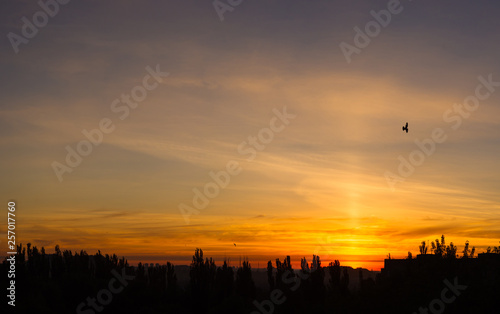 Landscape with dramatic light - beautiful golden sunset with saturated sky and clouds.