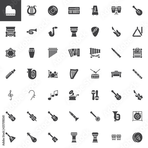 Musical instruments vector icons set, modern solid symbol collection, filled style pictogram pack. Signs, logo illustration. Set includes icons as music note, electric guitar, grand piano, saxophone