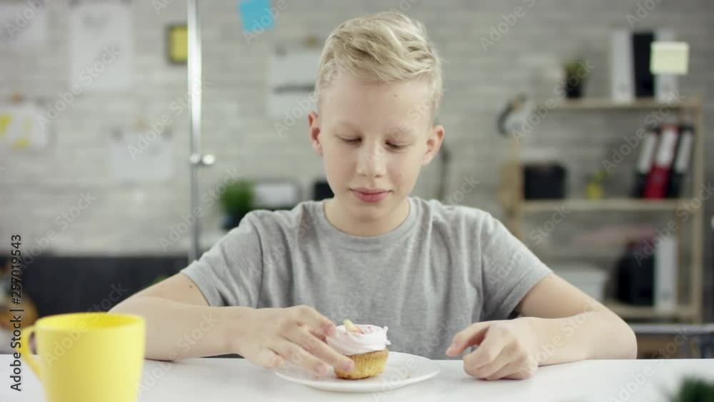 Genius boy wonder hacks system at cyberspace. Cute kid young programmer developer working on computer at office. He is looking in the cam and eating cup cakes Genius boy wonder hacks system at cyberspace. Cute kid young programmer developer working on computer at office. He is looking in the cam and eating cup cakes