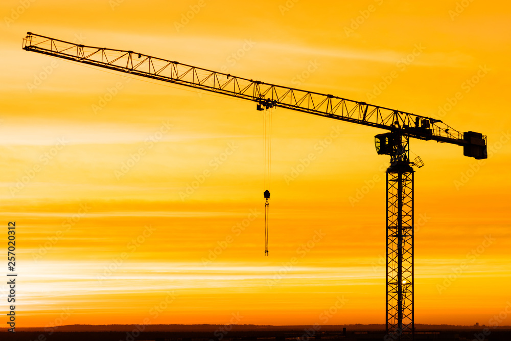 The silhouette of crane on the background of beautiful scarlet sunrise or sunset with cloudy sky colored in red, rose, scarlet, purple and blue vivid colores 