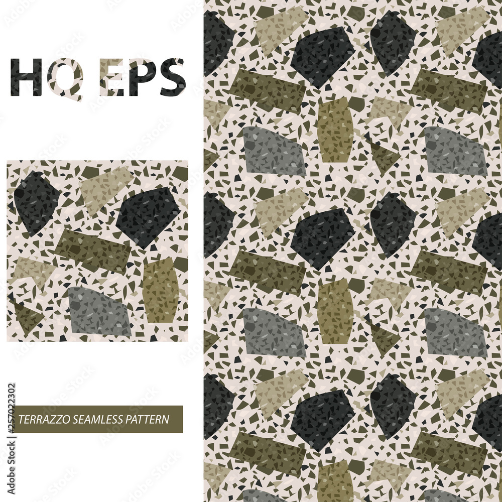 Obraz premium Terrazzo Seamless Pattern. Camouflage Green Flat Vector texture. Granite Tile Rock Abstract Textile Print. Home Kitchen Flooring Mosaic. Colorful Italian Wallpaper Limestone Sample. Pebble Repeat Fill