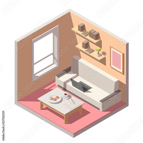 Vector isometric freelancer home office workplace interior. Remote workspace concept