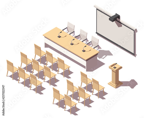 Vector isometric presentation room interior with tribune speaker, projector, table and chairs.