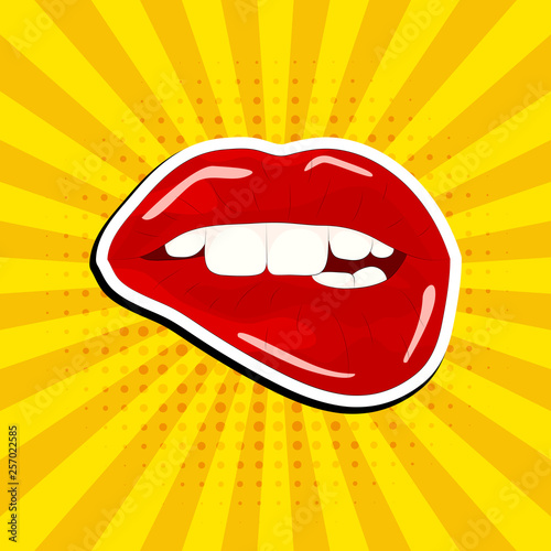 Sweet sexy pop art Pair of Glossy Vector Lips Comic speech bubbles. Pop art vector label illustration. Vintage comics book poster on yellow background. Colored funny font. . 