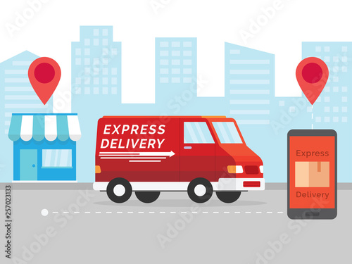 Express delivery concept. Delivery service app on mobile phone. Delivery service app on mobile phone. Cargo service and mobile phone with cityscape. Delivery van and mobile phone on city background