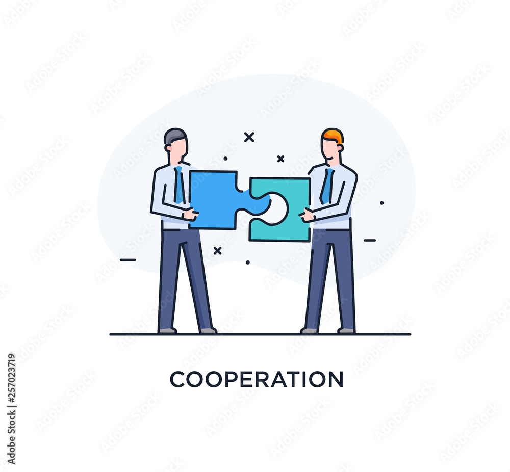 Businessmen connect puzzle. Joint efforts, success, union. Success Cooperation. line icon illustration