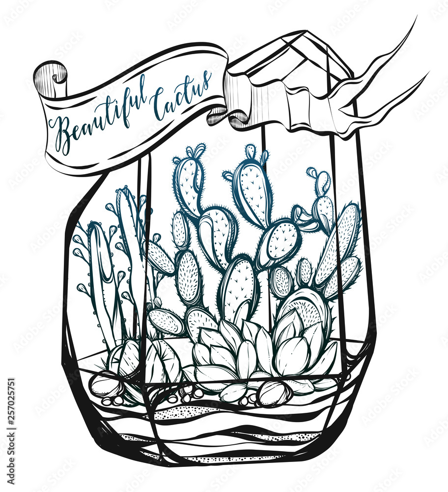 Fototapeta premium Beautiful cactus in terrarium. Vector illustration. Handmade, set of plants, prints on T-shirts, tattoos, background white, Dark green blue color, postcard for you