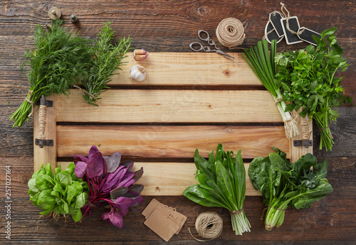Herbs on a wooden tray