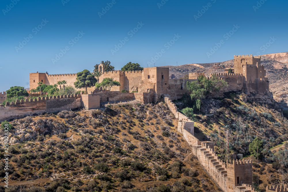 Obraz premium Almeria medieval castle panorama with blue sky from the air in Andalusia Spain former Arab stronghold
