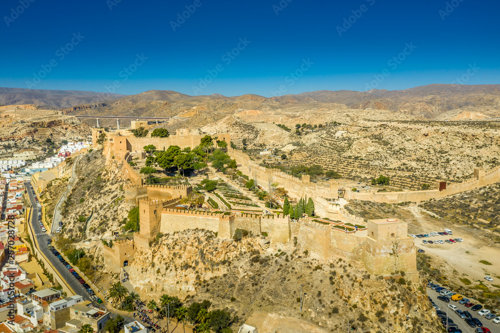 Almeria medieval castle panorama with blue sky from the air in Andalusia Spain former Arab stronghold