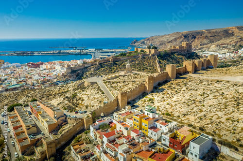 Almeria medieval castle panorama with blue sky from the air in Andalusia Spain former Arab stronghold