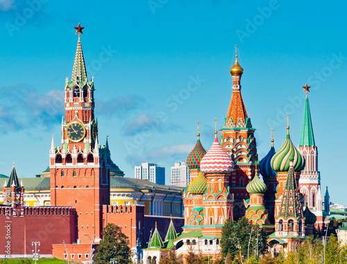 Spasskaya Tower and Cathedral of Vasily the Blessed (Saint Basil's Cathedral) on Red Square. Moscow. Russia