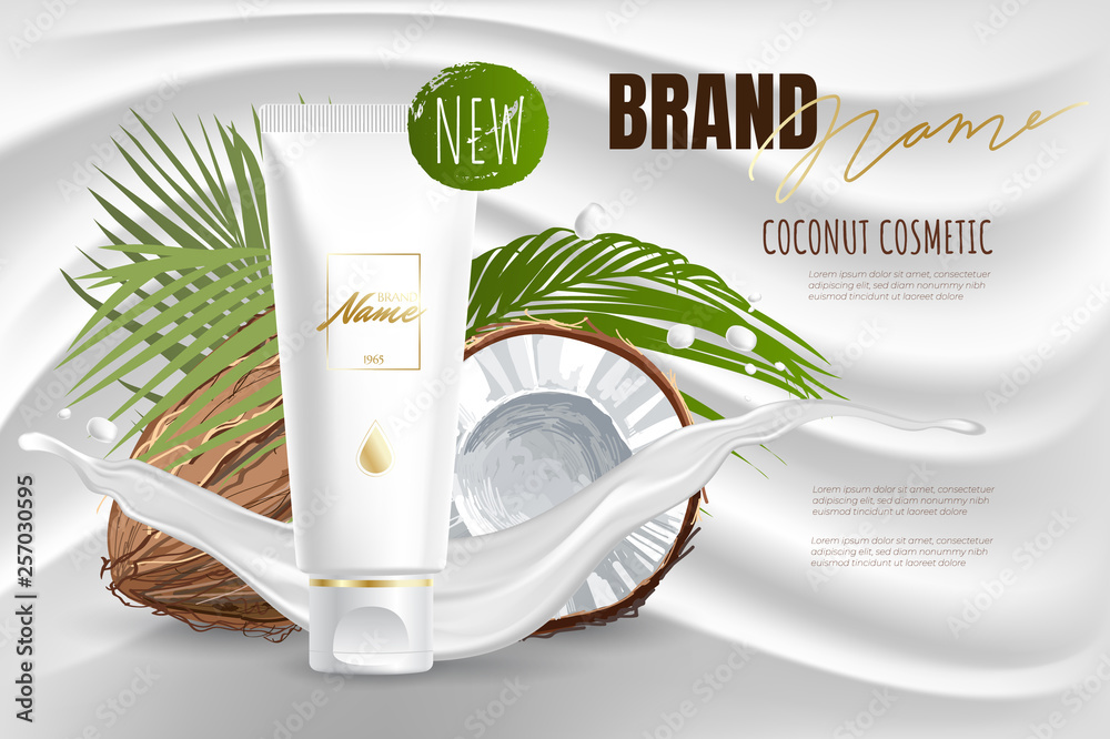 Design cosmetics product advertising for catalog, magazine. Mock up of cosmetic package. Moisturizing cream, gel, milk body lotion with coconut oil. - obrazy, fototapety, plakaty 