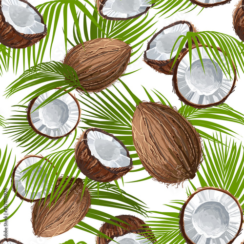 Seamless coconut pattern with green leaf. Natural fruit. Ornament of coconut fruits and palm leaves