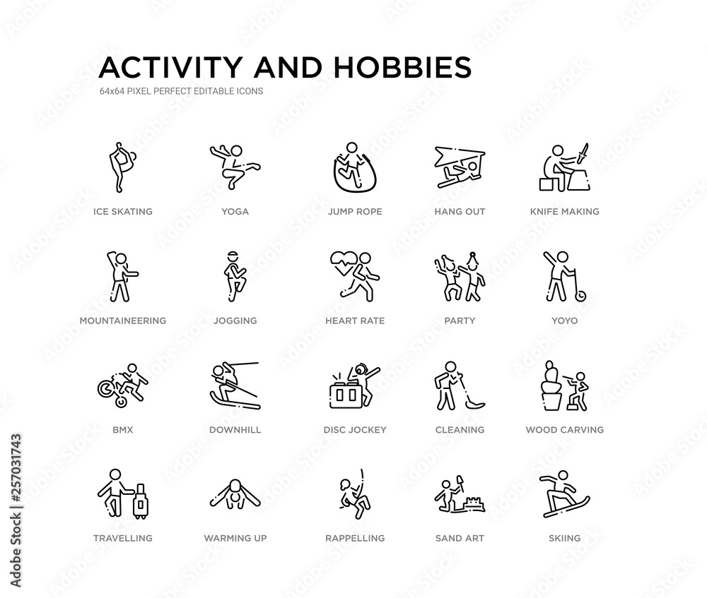set of 20 line icons such as disc jockey, downhill, bmx, party, heart rate, jogging, mountaineering, hang out, jump rope, yoga. activity and hobbies outline thin icons collection. editable 64x64