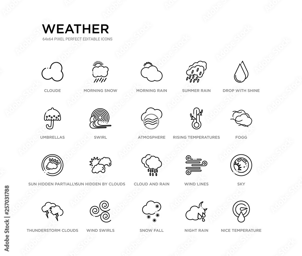 set of 20 line icons such as cloud and rain, sun hidden by clouds, sun hidden partially, rising temperatures, atmosphere, swirl, umbrellas, summer rain, morning rain, morning snow. weather outline