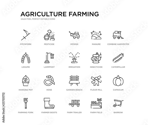 set of 20 line icons such as garden bench, hose, hanging pot, insecticide, irrigation, lamppost, legume, manure, mower, pesticide. agriculture farming outline thin icons collection. editable 64x64