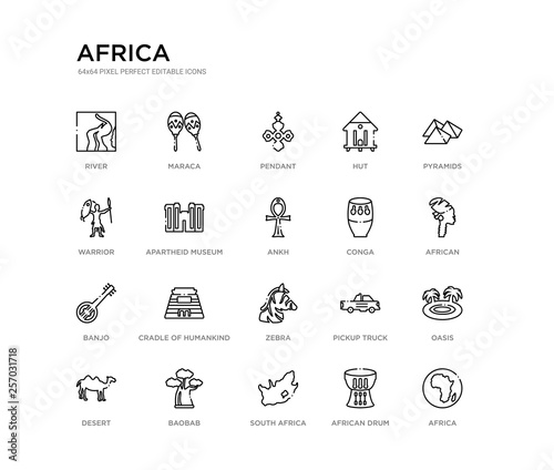 set of 20 line icons such as zebra, cradle of humankind, banjo, conga, ankh, apartheid museum, warrior, hut, pendant, maraca. africa outline thin icons collection. editable 64x64 stroke
