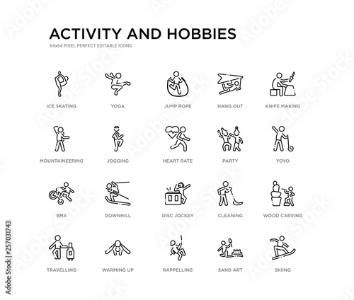 set of 20 line icons such as disc jockey, downhill, bmx, party, heart rate, jogging, mountaineering, hang out, jump rope, yoga. activity and hobbies outline thin icons collection. editable 64x64